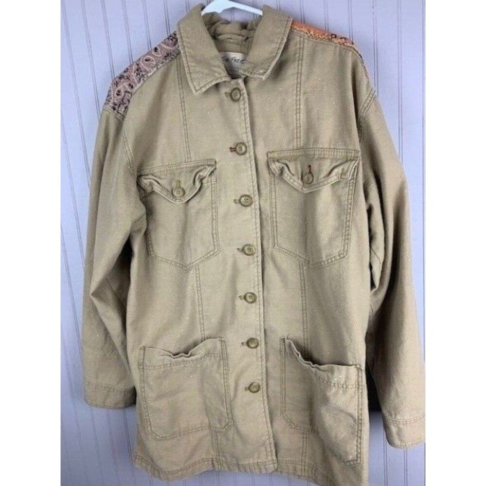 We The Free Size S Womens Oversized Shirt Jacket Tan Floral Paint Splatter